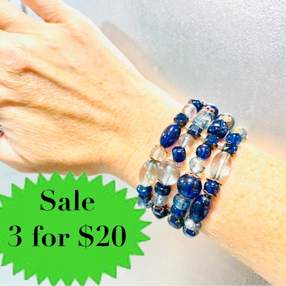 NORDSTROM stretch bracelet blue beaded cuff wide wrist band elastic gold wrap